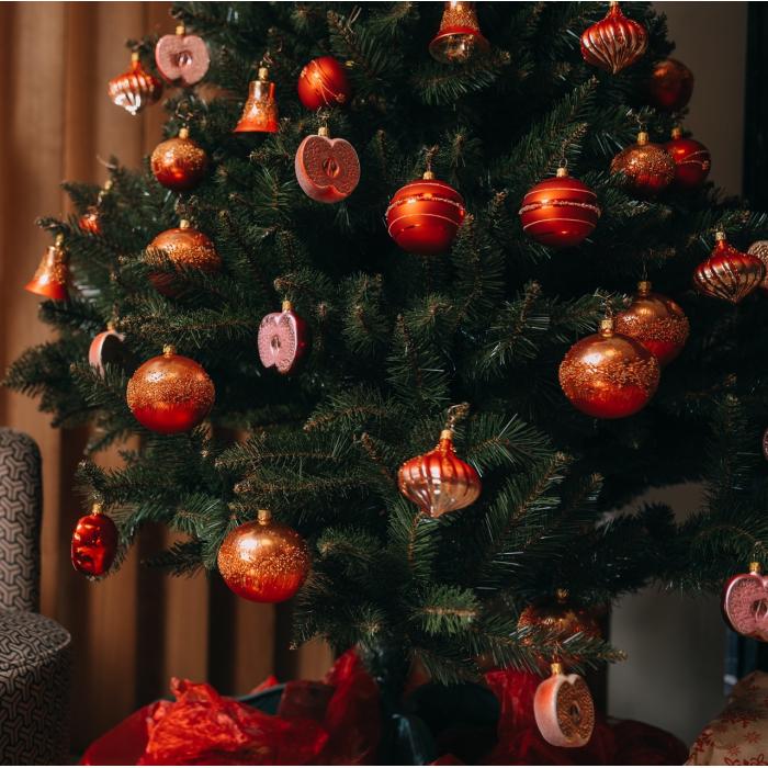 Skleněné vánoční ozdoby - Červenozlaté koule a zvonky, 6 ks
