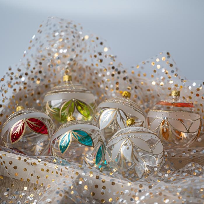 Sada vánočních ozdob Secese - Baňky s vitrážovými lístky, 6 ks