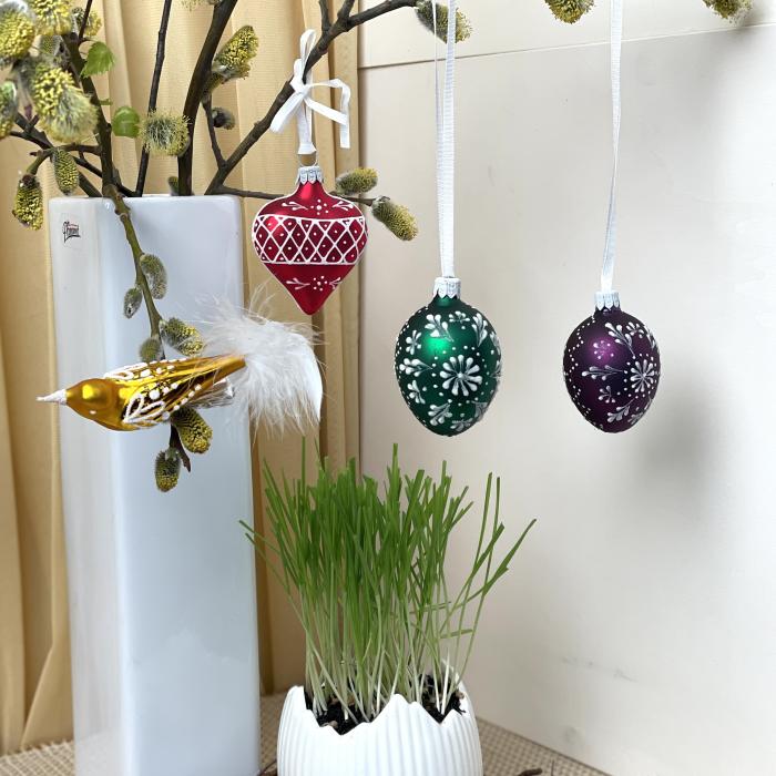 Skleněné ozdoby - Jarní komplet se žlutým ptáčkem - Folklór 3 , 4 ks