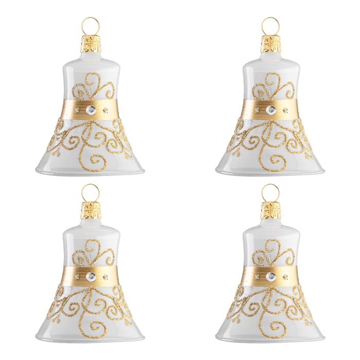 Skleněné vánoční ozdoby bílozlatá sada - Zlatý zvoneček, 4 ks