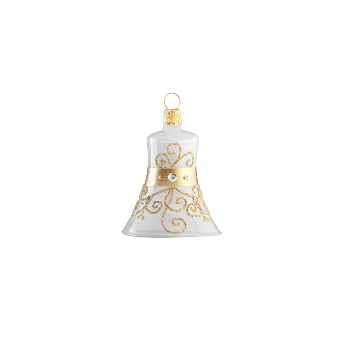 Skleněné vánoční ozdoby bílozlatá sada - Zlatý zvoneček, 4 ks