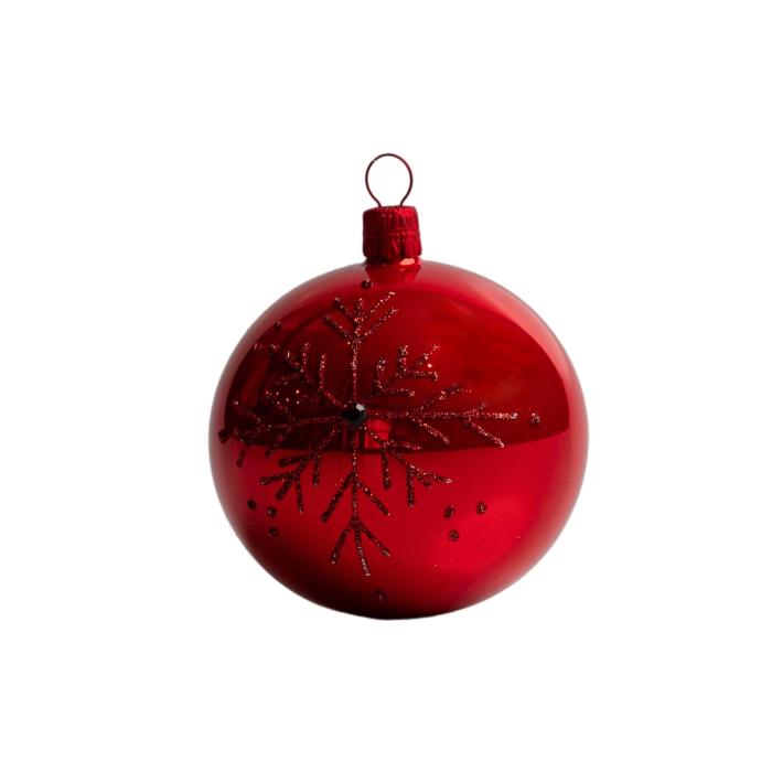 Skleněné vánoční ozdoby basic Red - Red kouličky s vločkou, 4 ks