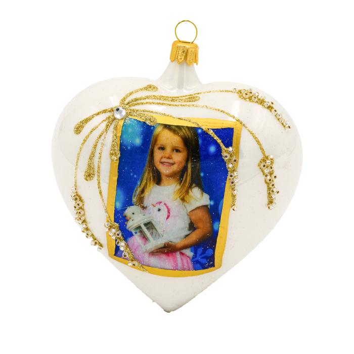 Vánoční ozdoba skleněná s fotografií - srdce se zlatými klasy, 1 ks