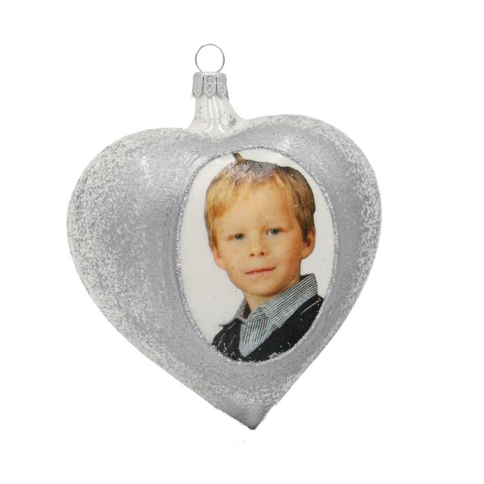 Vánoční ozdoba skleněná s fotografií - srdce se stříbrným rámečkem, 1 ks