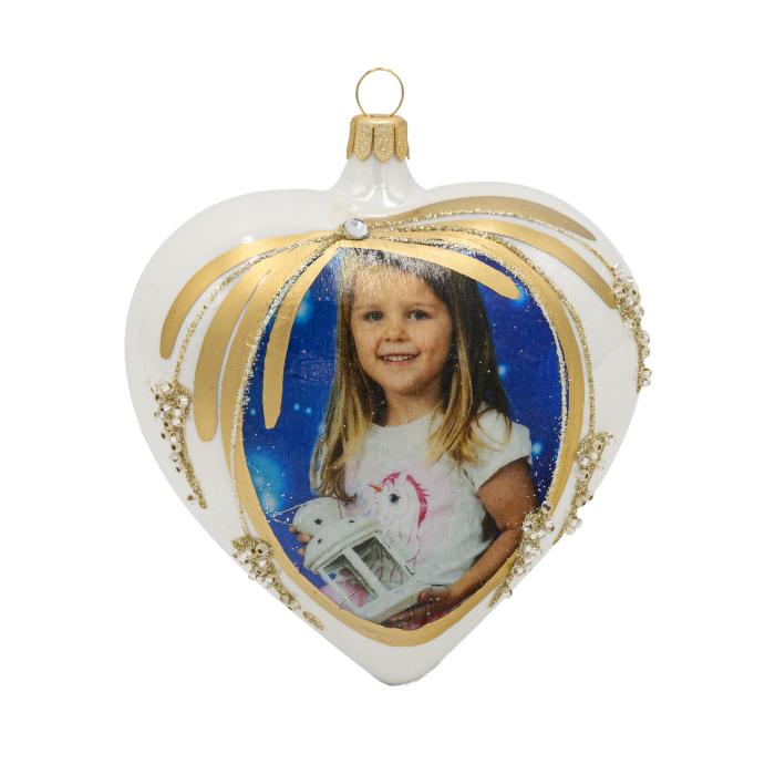 Vánoční ozdoba skleněná s fotografií - srdce s šatonem, 1 ks