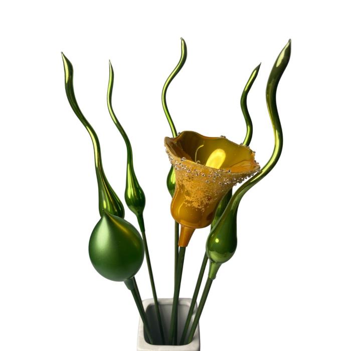 Skleněná foukaná ozdoba tulipán žlutý porcelánový, 1 ks