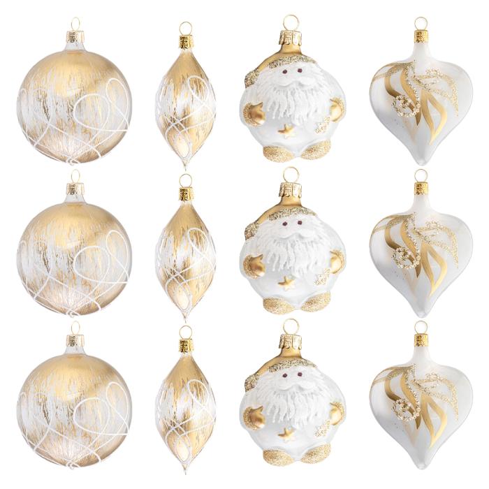 Skleněné vánoční ozdoby bílozlatá sada - Srdce, santa, oliva a koule s bronzí, 12 ks