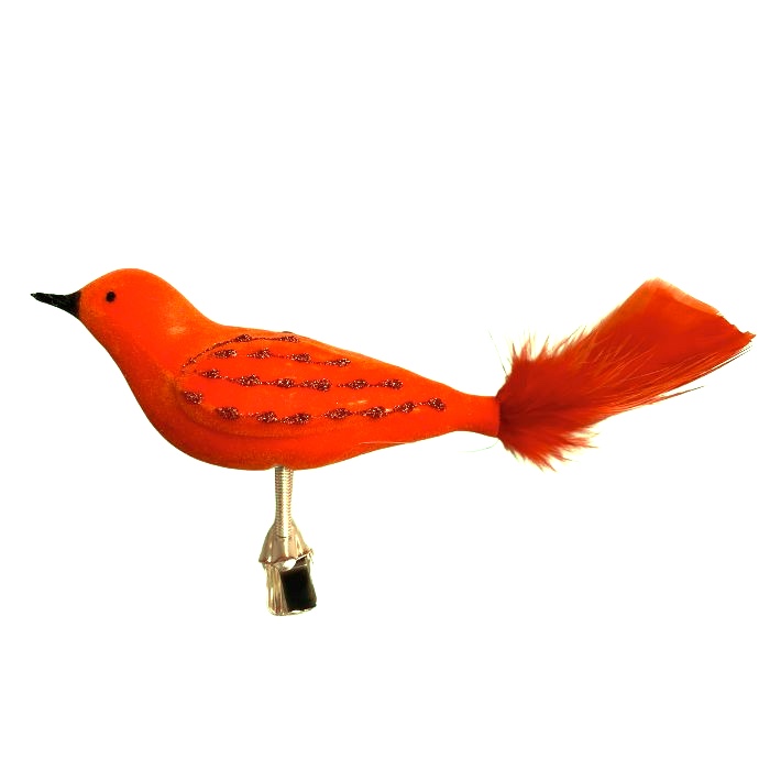 Skleněná ozdoba Semišový ptáček oranžový, 1 ks