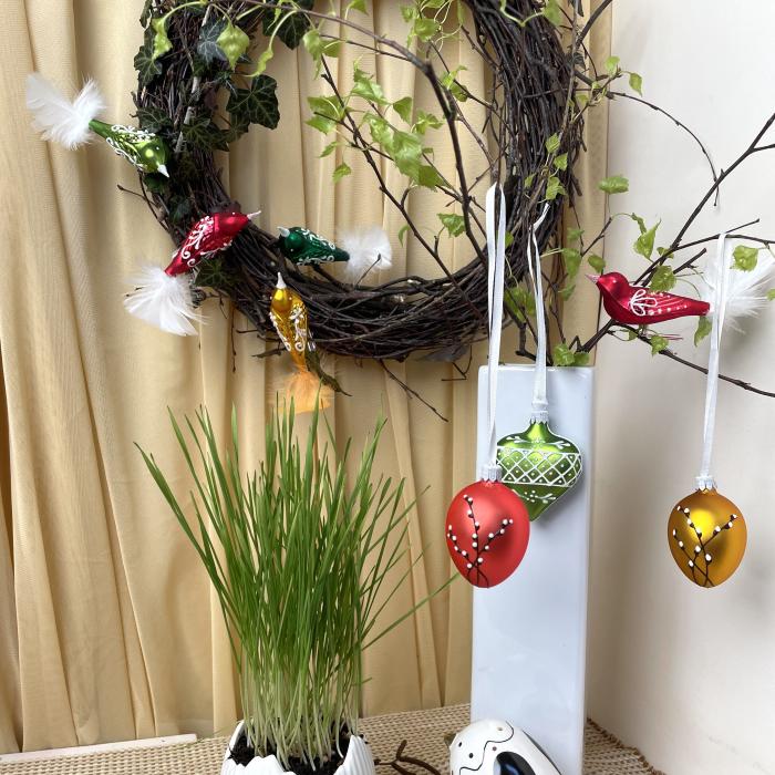 Skleněné ozdoby - Jarní komplet Kočičky s ptáčkem a zeleným srdíčkem, 4 ks