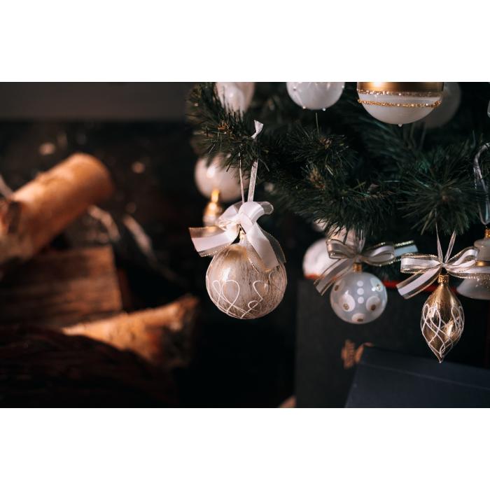 Skleněné vánoční ozdoby bílozlatá sada - Olivy se zlatem, koule s bronzí, 12 ks