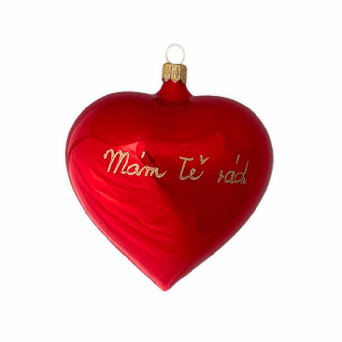 Skleněná ozdoba Velké červené srdce s nápisem: Mám Tě rád, 1 ks