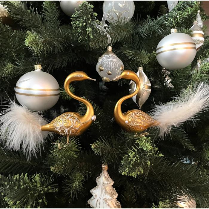 Skleněné vánoční ozdoby bílozlatá sada - Labutí pár zlatý, 2 ks