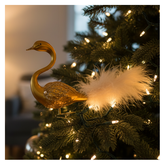 Skleněné vánoční ozdoby bílozlatá sada - Labutí pár zlatý, 2 ks