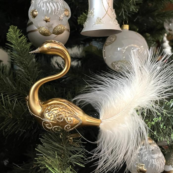 Skleněné vánoční ozdoby bílozlatá sada - Labutí pár zlatý s ozdobou na hlavě, 2 ks