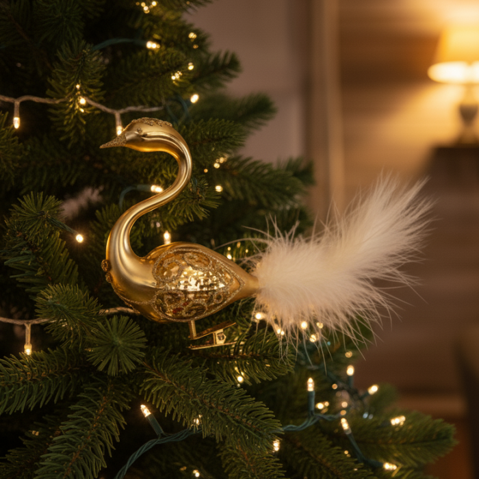 Skleněné vánoční ozdoby bílozlatá sada - Labutí pár zlatý s ozdobou na hlavě, 2 ks